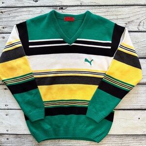 Vintage Puma Striped V Neck Sweater Green Yellow Black Retro Logo Knit